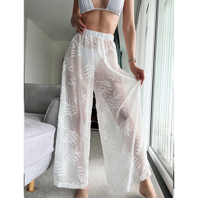 Women’s Jacquard Sheer Wide-Leg Beach Pants – White