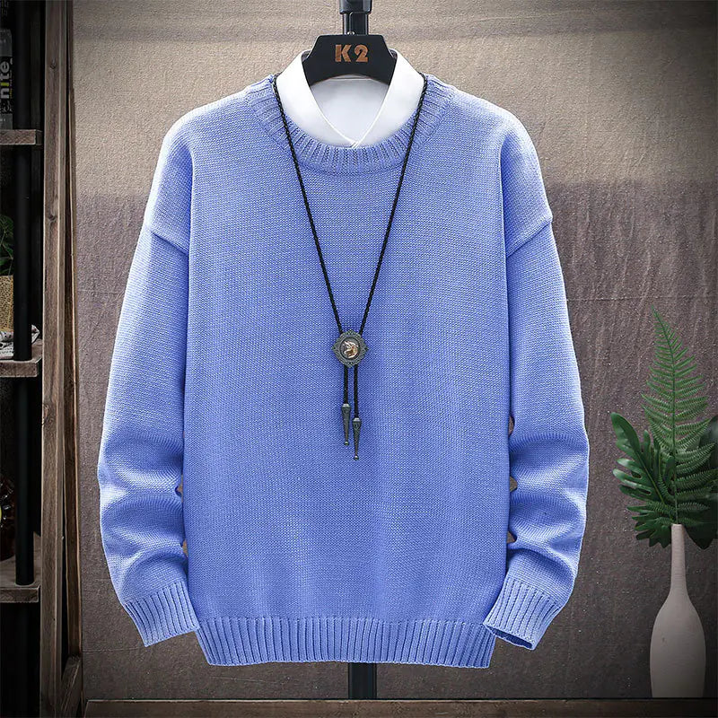 Men's Casual Brown Long-Sleeved Round Neck Sweater