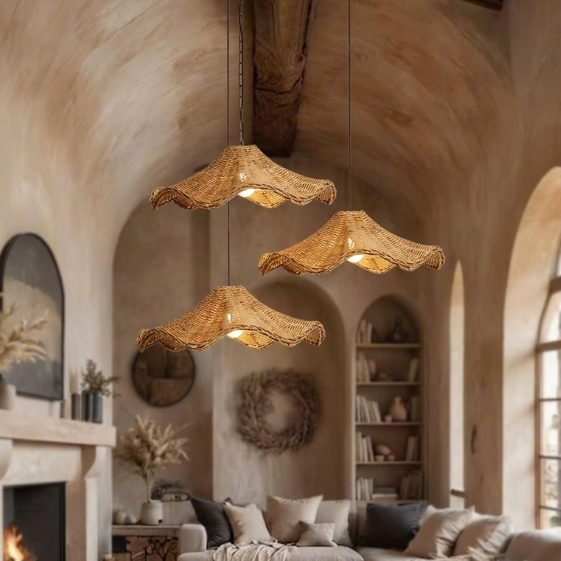 Handwoven Rattan Pendant Light – Wavy Boho Design