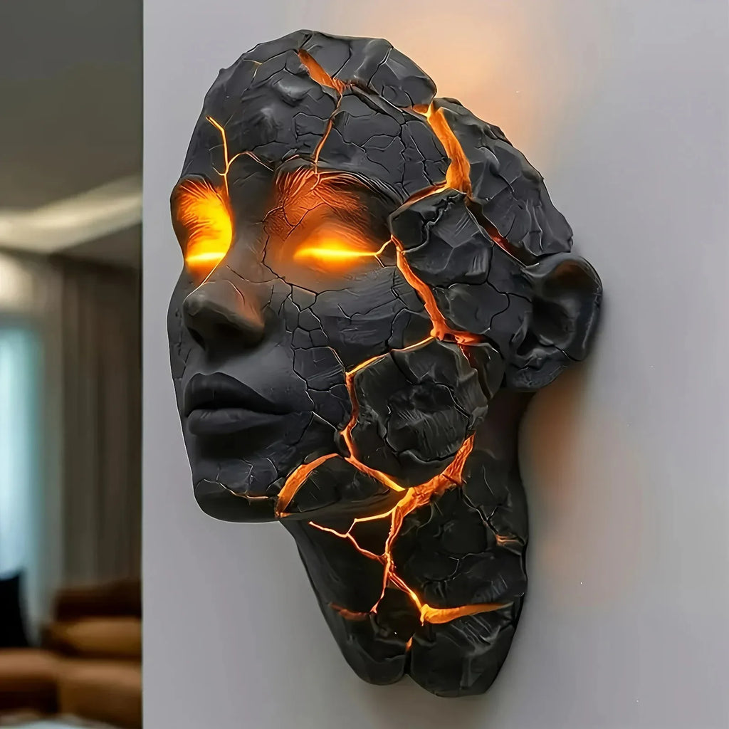 Cracked Face LED Wall Sculpture Light – Black with Amber Glow