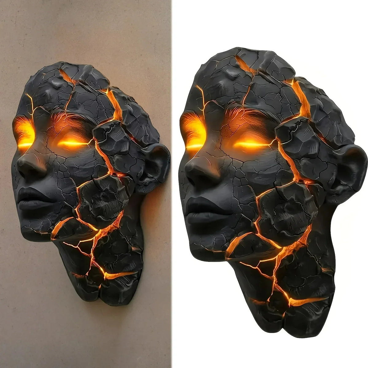 Cracked Face LED Wall Sculpture Light – Black with Amber Glow