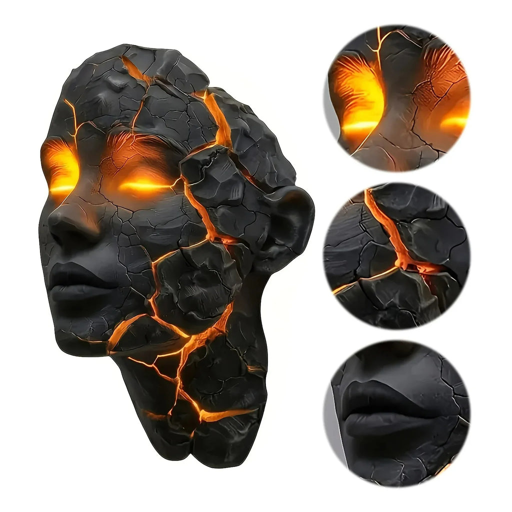 Cracked Face LED Wall Sculpture Light – Black with Amber Glow