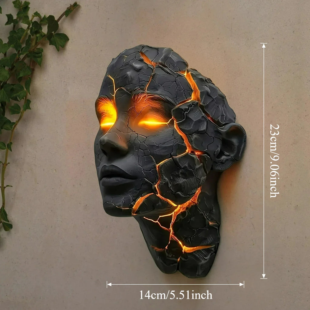 Cracked Face LED Wall Sculpture Light – Black with Amber Glow