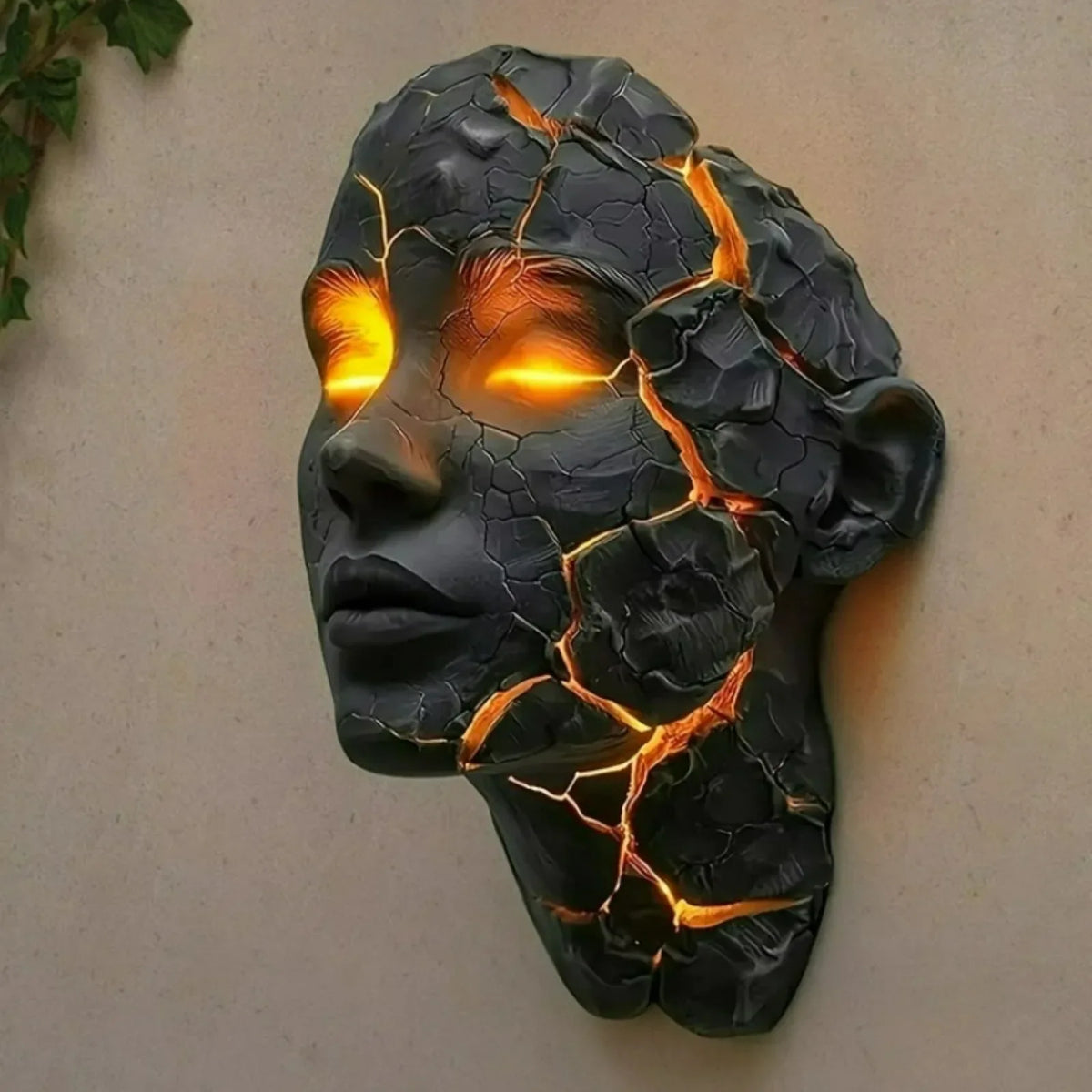 Cracked Face LED Wall Sculpture Light – Black with Amber Glow