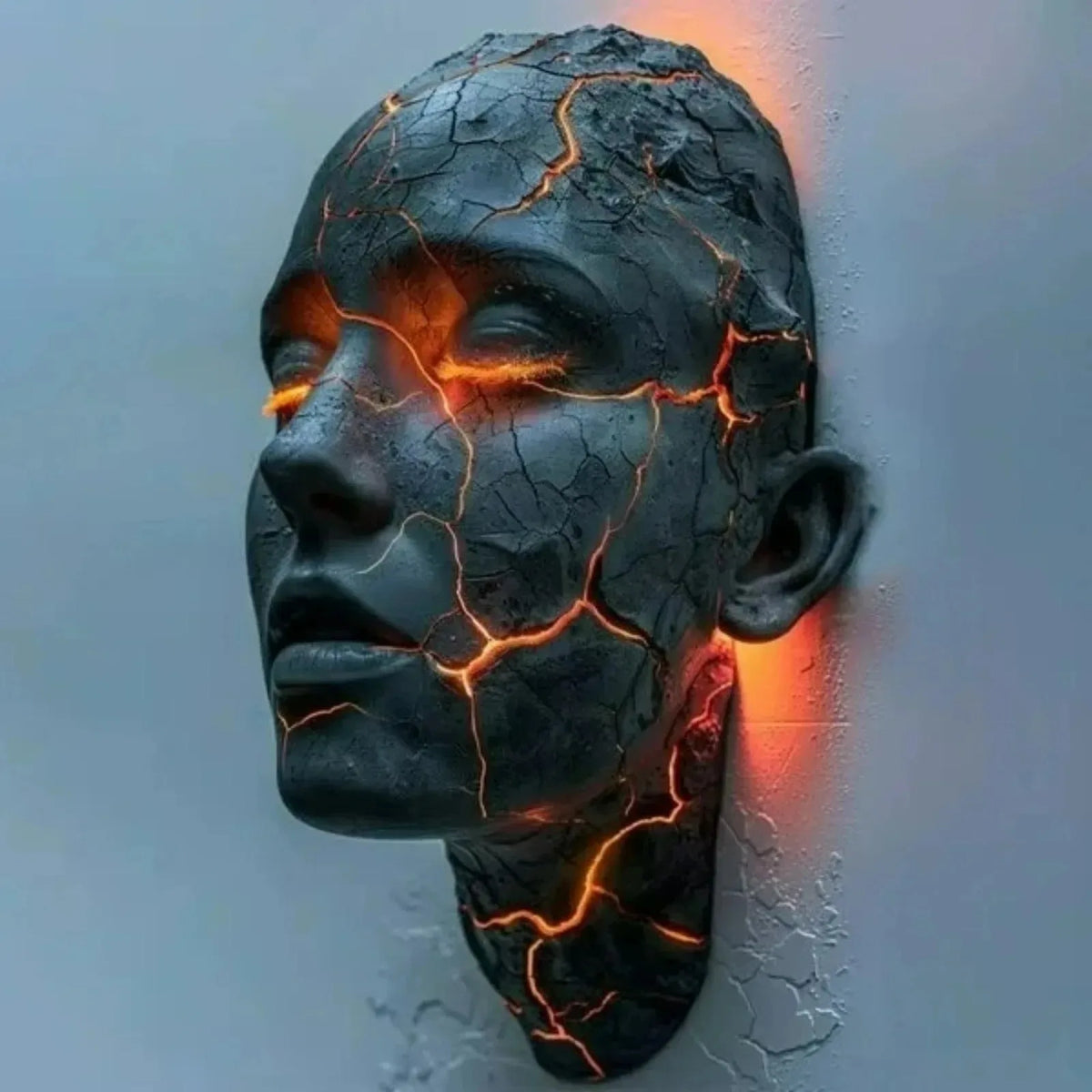 Cracked Face LED Wall Sculpture Light – Black with Amber Glow