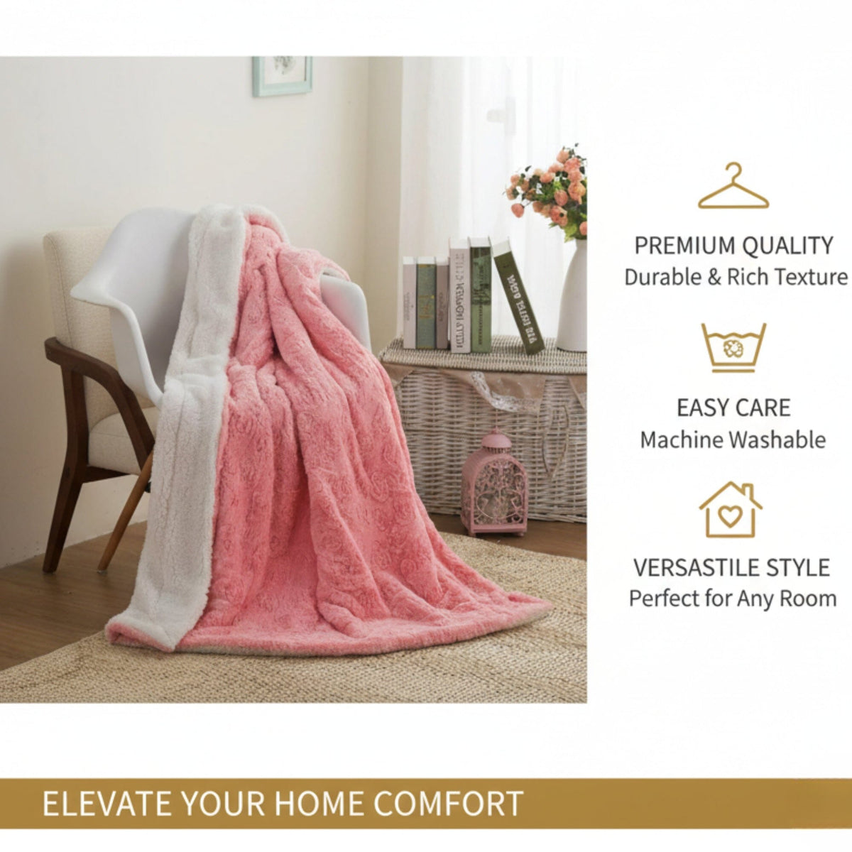 DaDa Bedding Pink Rose Bud Faux Fur Sherpa Blanket
