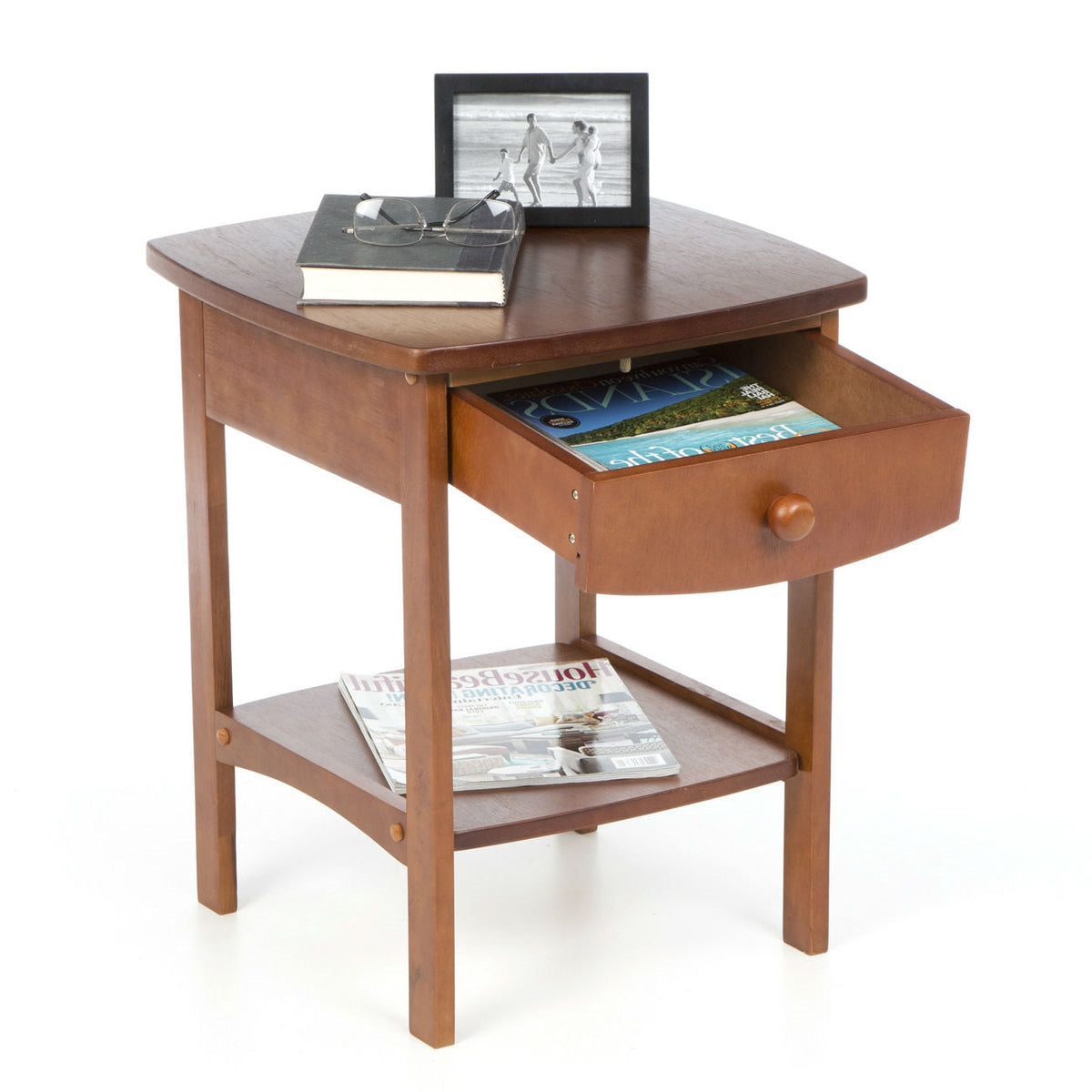 1-Drawer Bedroom Nightstand with Lower Shelf – Walnut Wood Finish