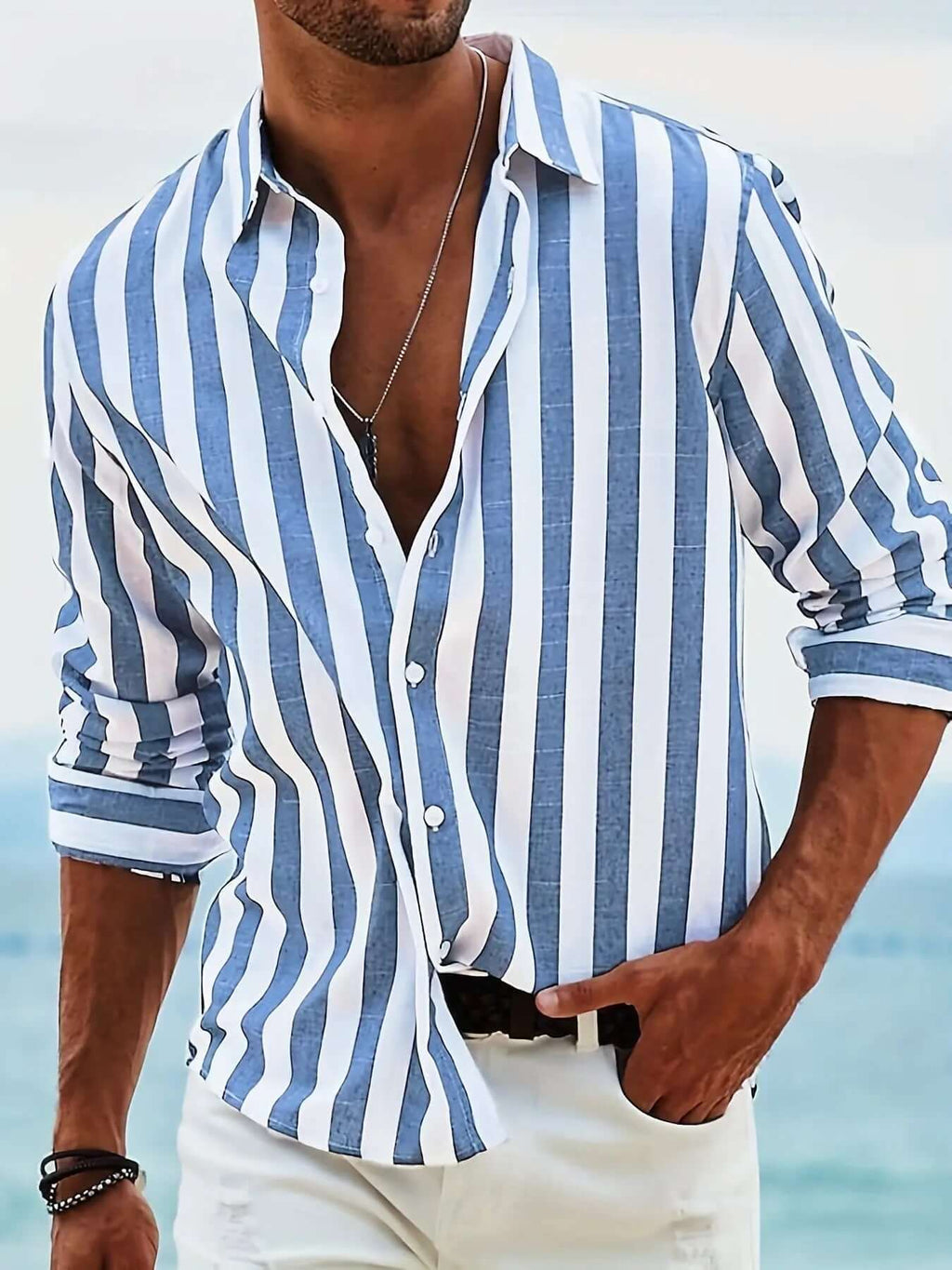 Men’s Striped Loose-Fit Long Sleeve Shirt