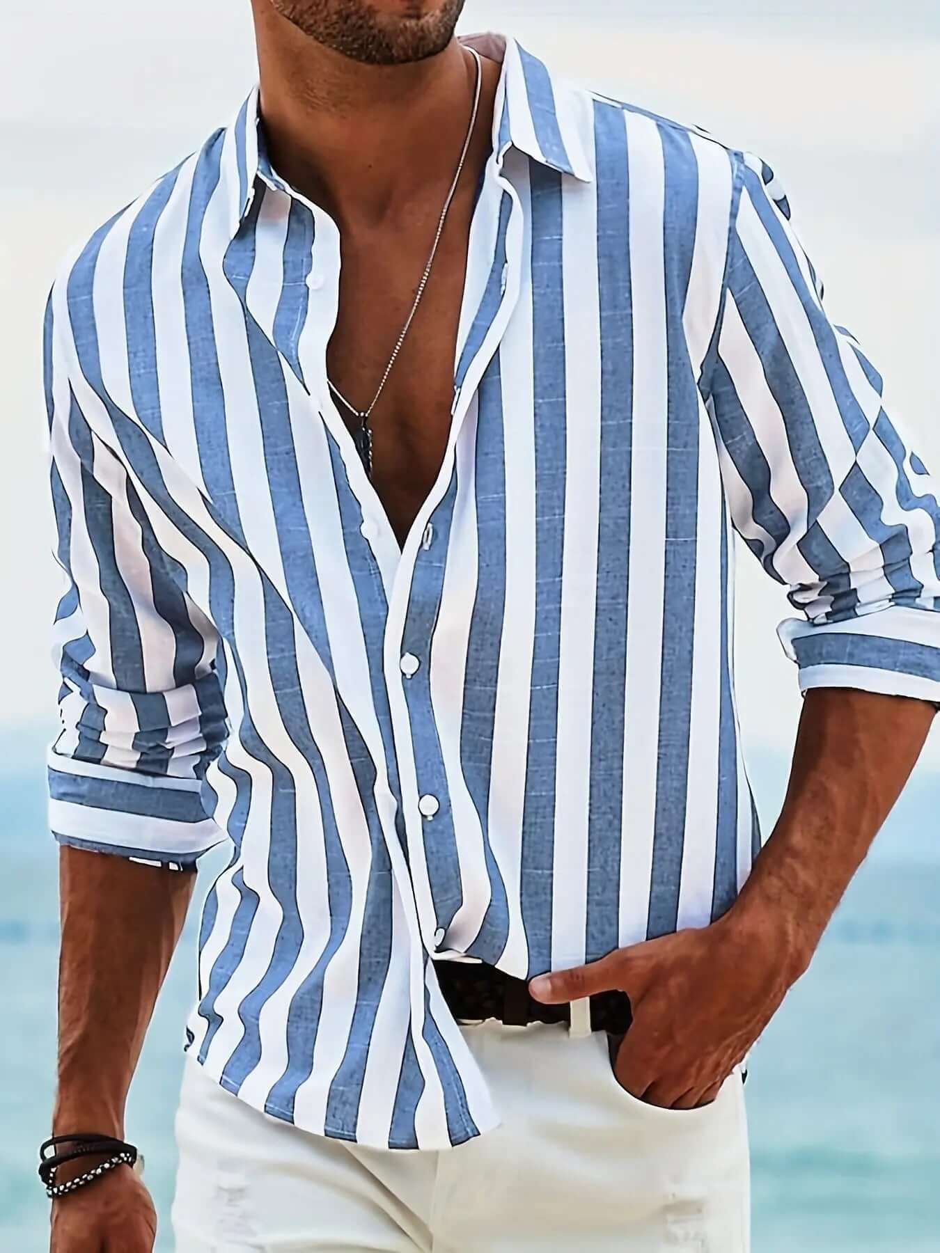 Men’s Striped Loose-Fit Long Sleeve Shirt