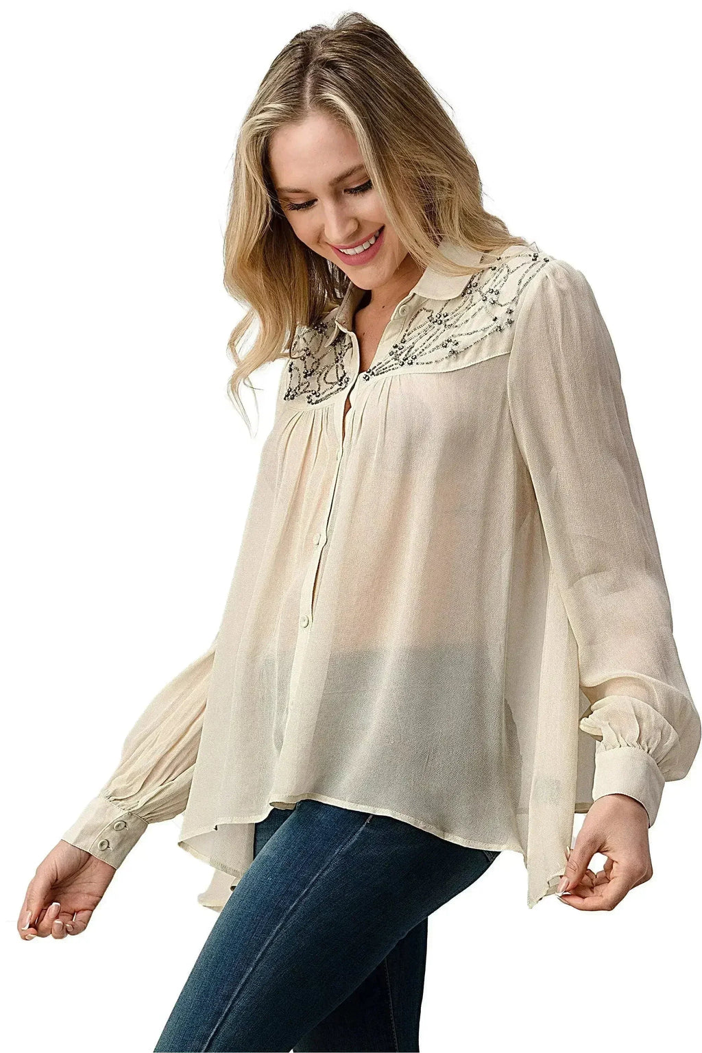 Embroidered Sheer Georgette Blouse with Beaded Trim
