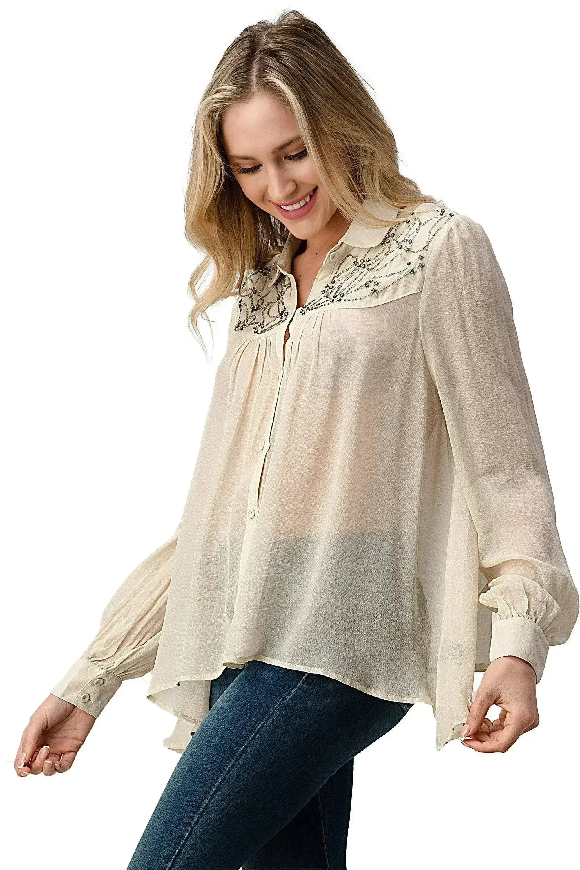 Embroidered Sheer Georgette Blouse with Beaded Trim
