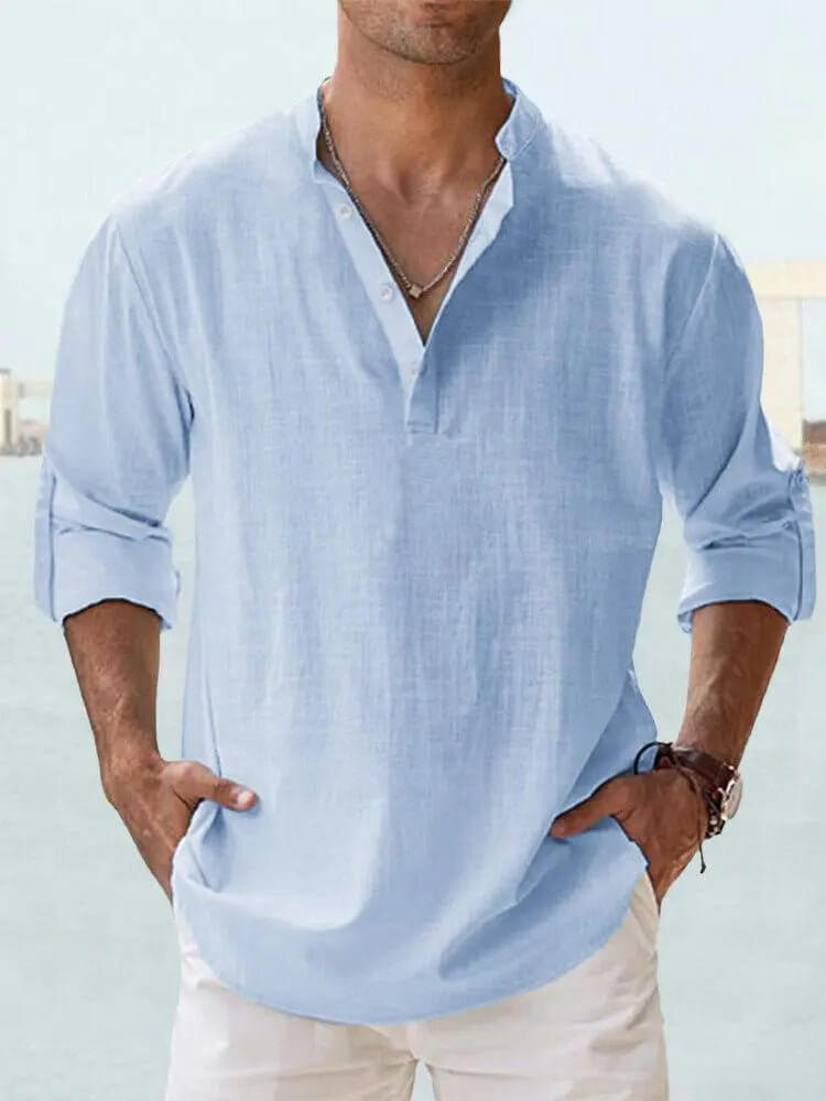 Men’s Cotton-Linen Loose Fit Long Sleeve Shirt