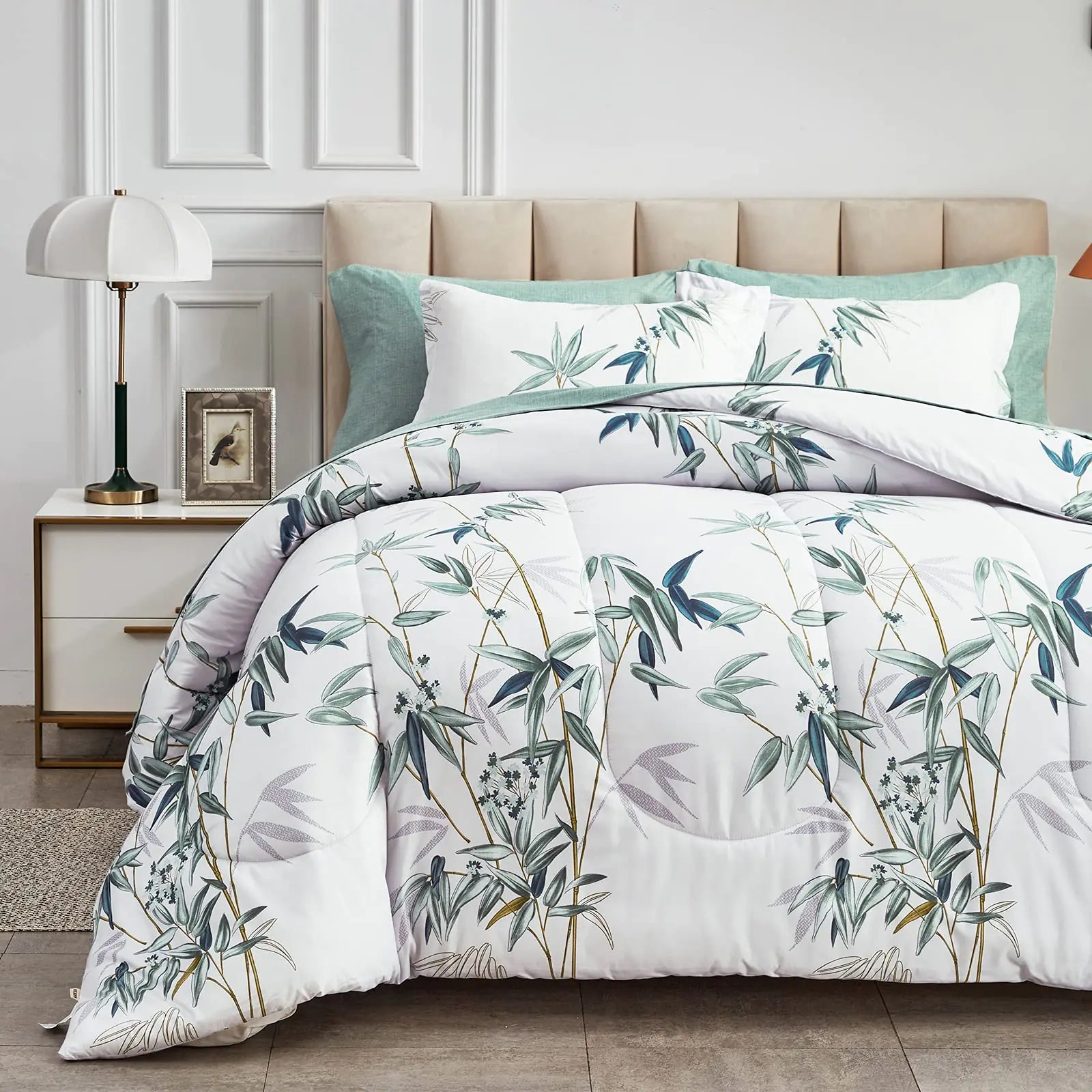 6-Piece Twin Size Botanical Comforter Bedding Set (Green Leaves)