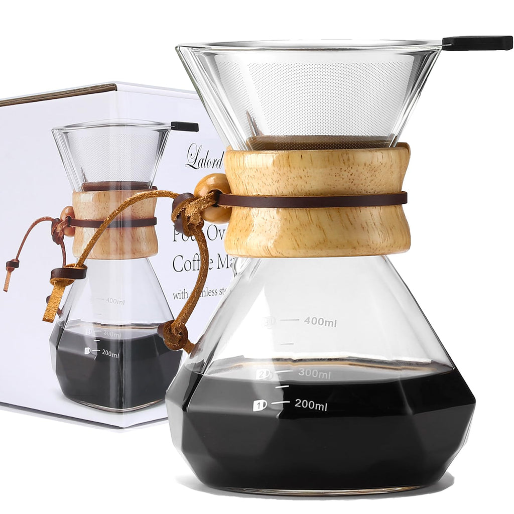 Lalord Pour Over Coffee Maker – Borosilicate Glass Carafe with Stainless Steel Filter (600ML / 20 oz)
