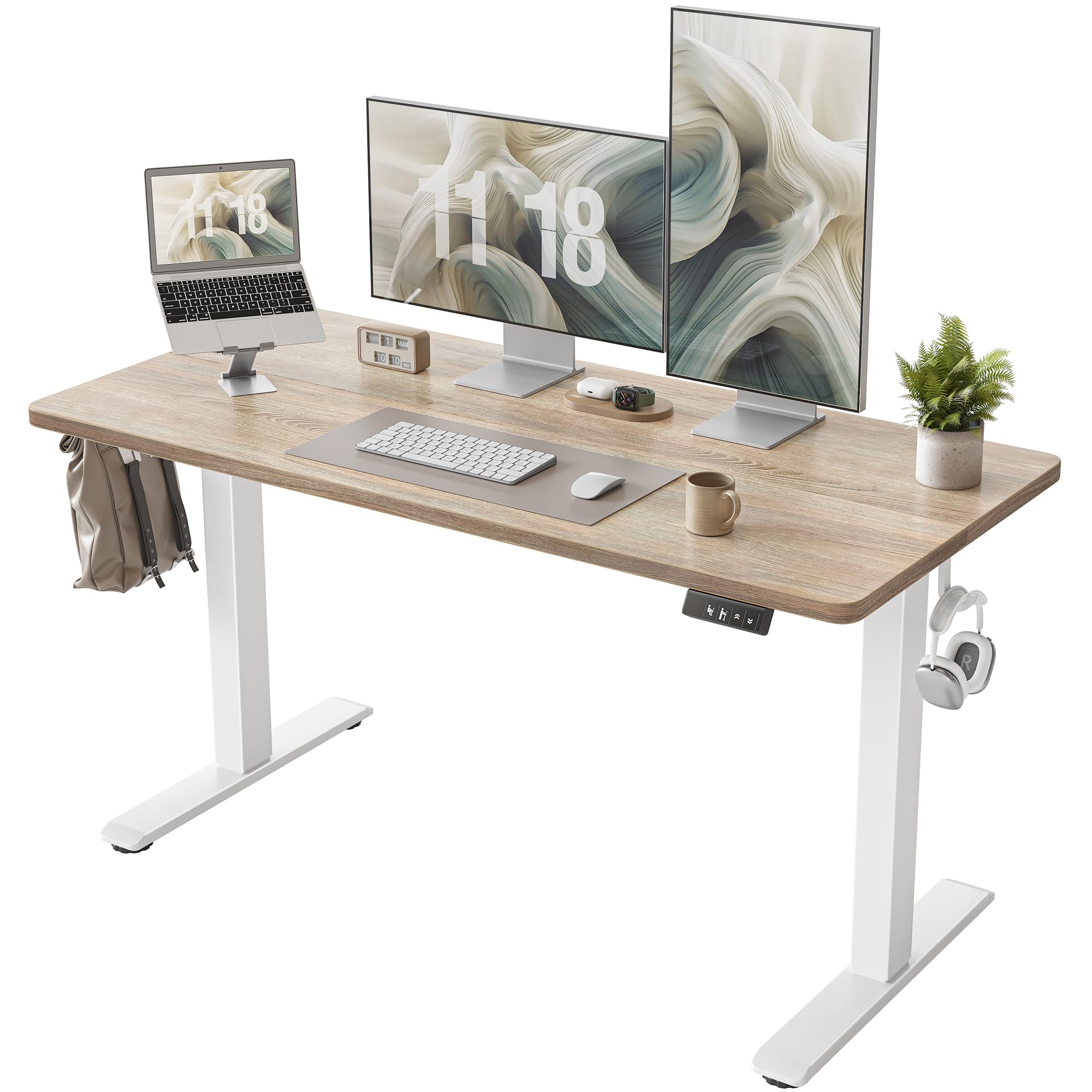 55 × 24 Electric Adjustable Standing Desk – Tiqlab (White Frame / Maple Top)