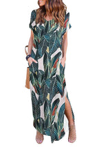 Womens Summer Maxi Dress Casual Loose Short Sleeve V Neck Maxi T-Shirt Dresses Hawaiian Beach Vacation Split Long Dress with Pockets Green Leaf