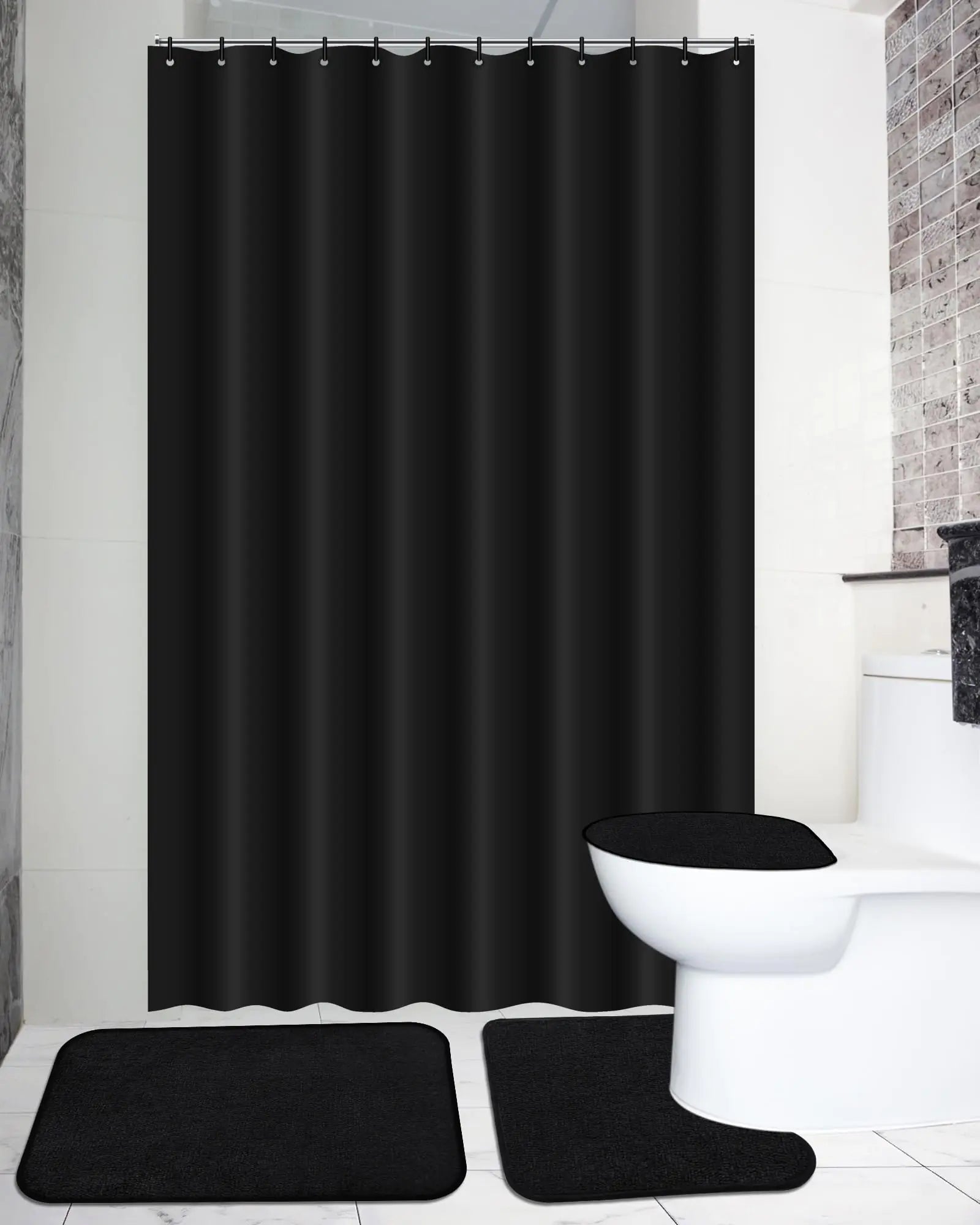 4-Piece Shower Curtain & Bathroom Rug Set – Hosuly (Black)