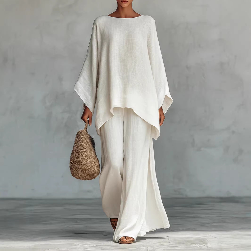 Minimalist Long-Sleeve Top & Wide-Leg Trousers Set