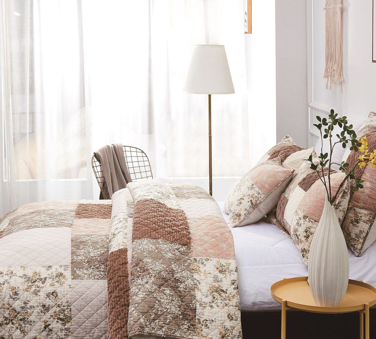 Quilted Bedspread Set - Dusty Rose Floral Patchwork