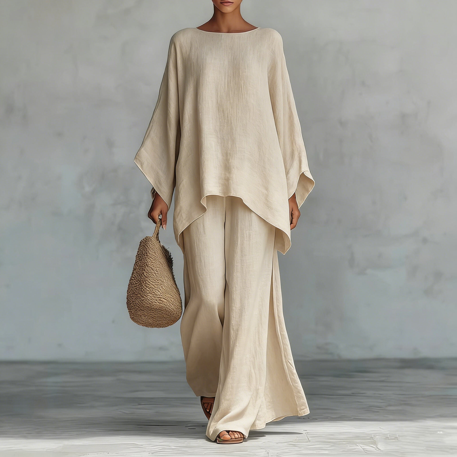Minimalist Long-Sleeve Top & Wide-Leg Trousers Set