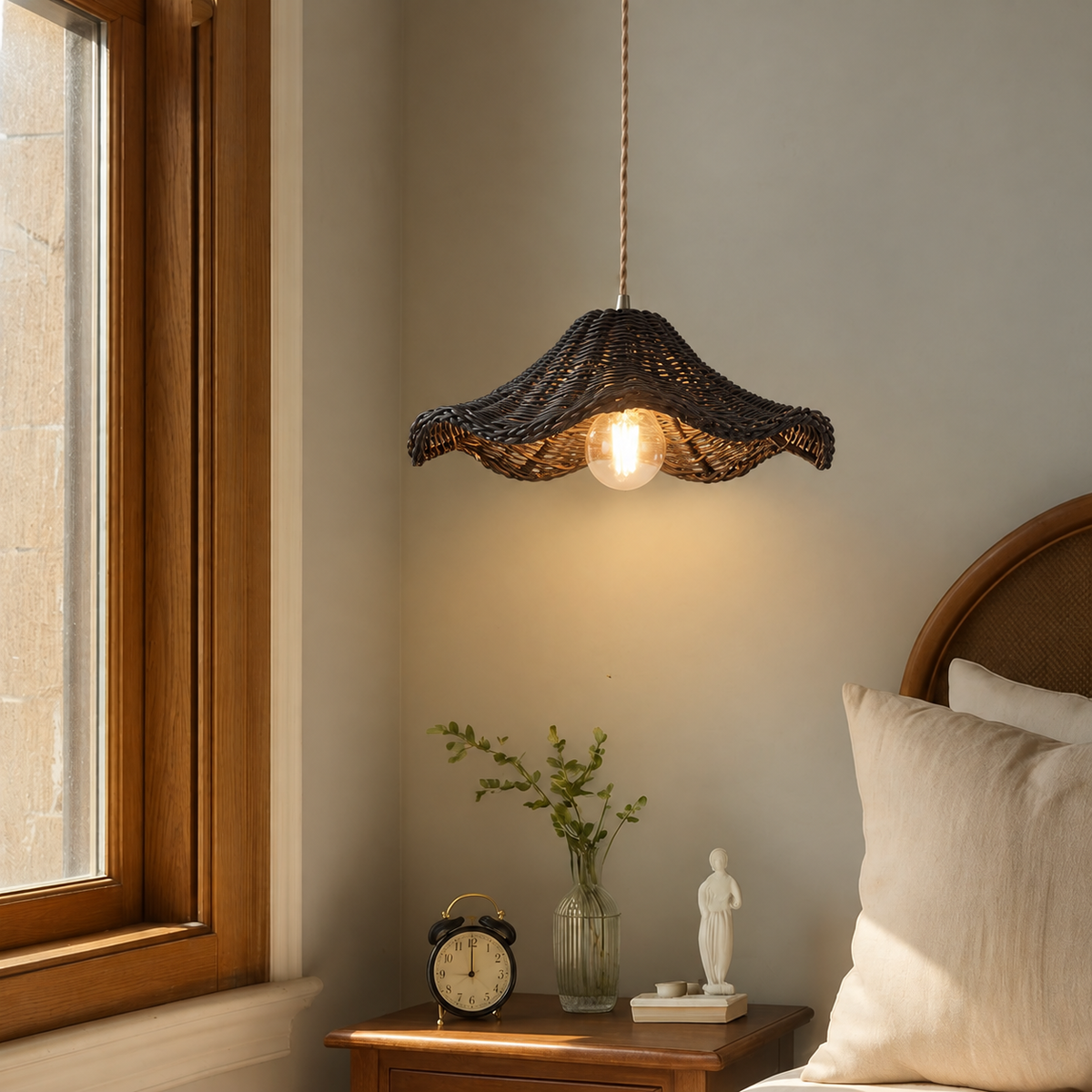 Handwoven Rattan Pendant Light – Wavy Boho Design