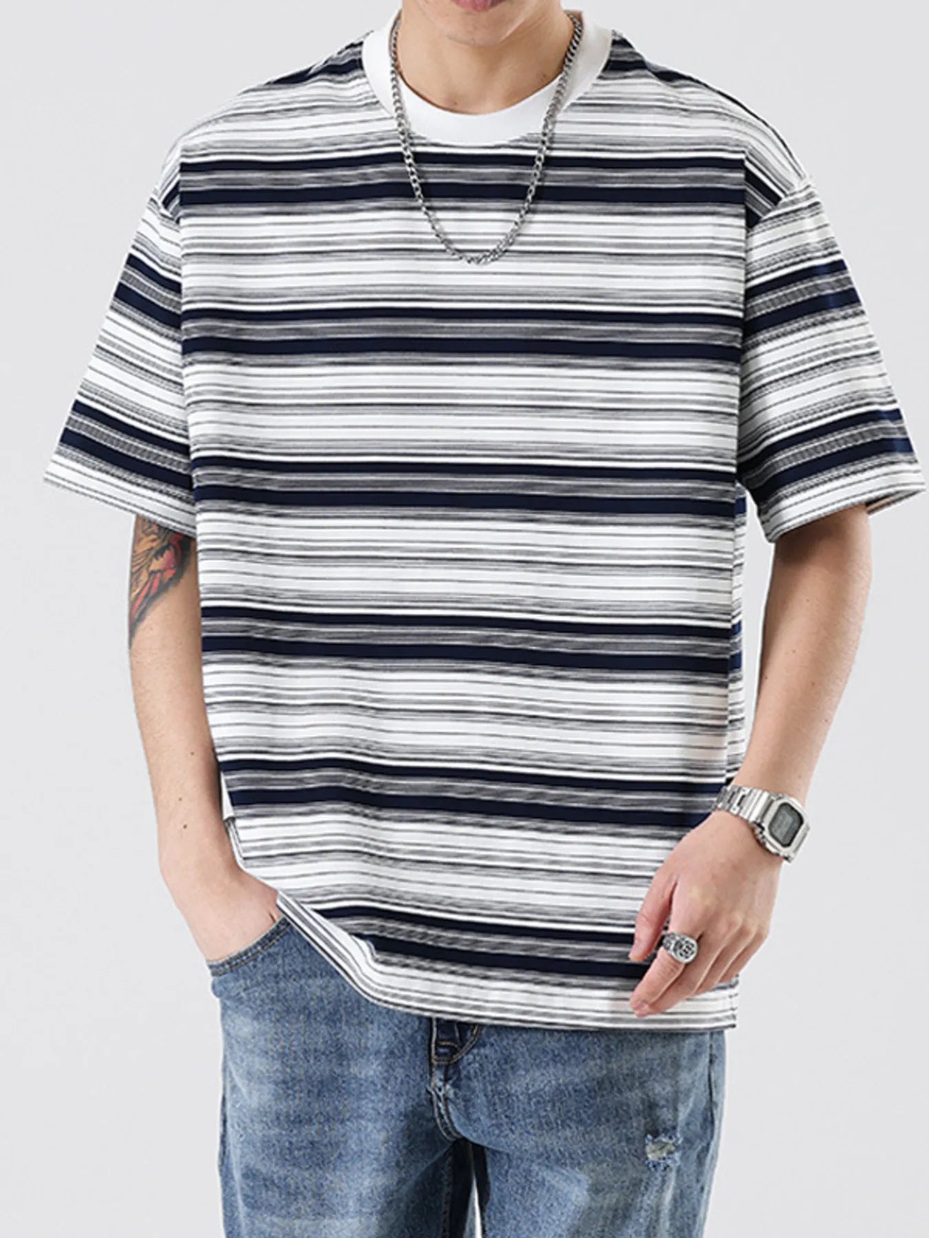 Men’s Plus Size Striped Oversized Crew Neck T-Shirt