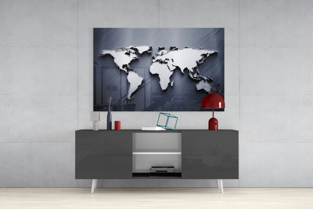 Silver World Map Glass Wall Art – Size Options