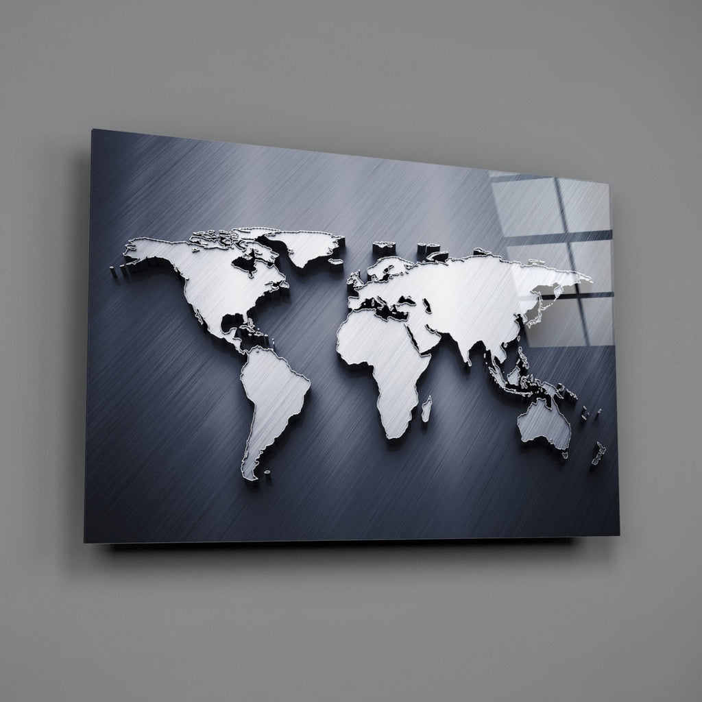 Silver World Map Glass Wall Art – Size Options