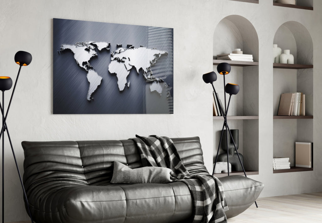 Silver World Map Glass Wall Art – Size Options