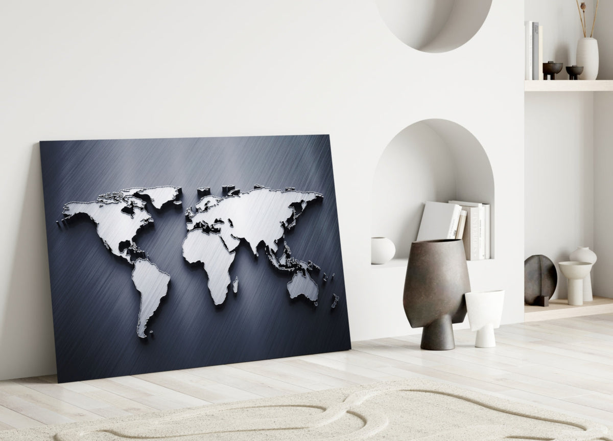 Silver World Map Glass Wall Art – Size Options