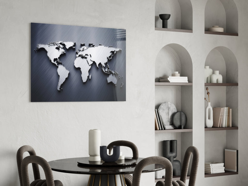 Silver World Map Glass Wall Art – Size Options