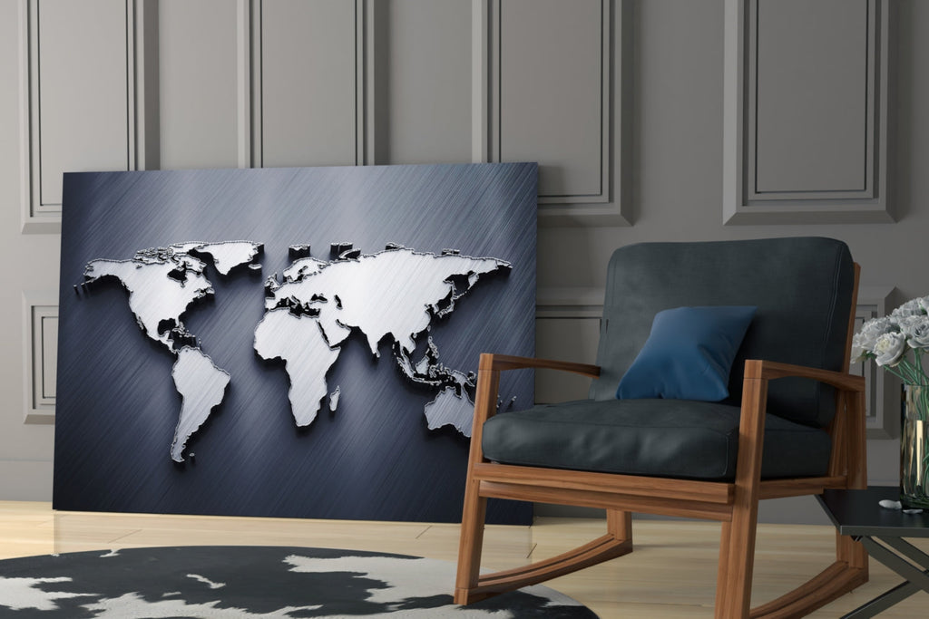 Silver World Map Glass Wall Art – Size Options