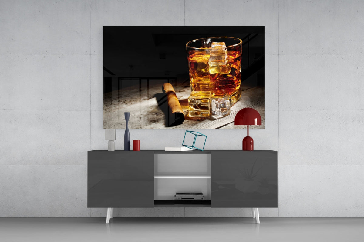 Whiskey Glass with Ice & Cigar Glass Wall Art – Size Options