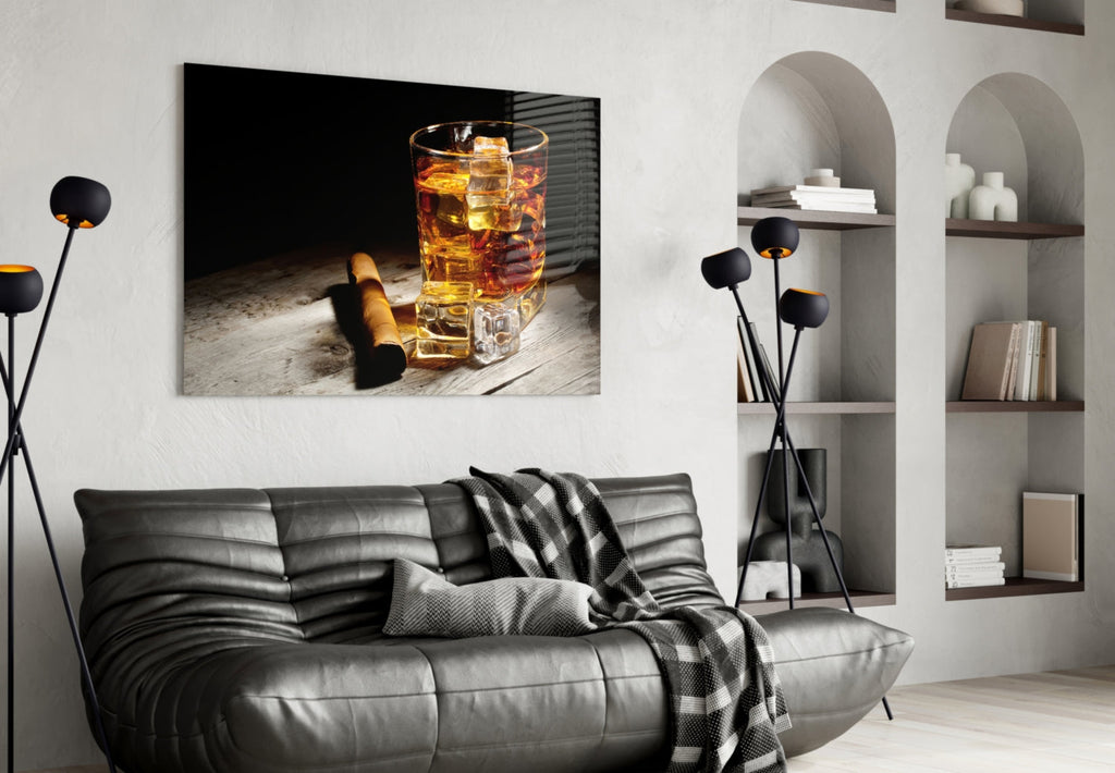 Whiskey Glass with Ice & Cigar Glass Wall Art – Size Options