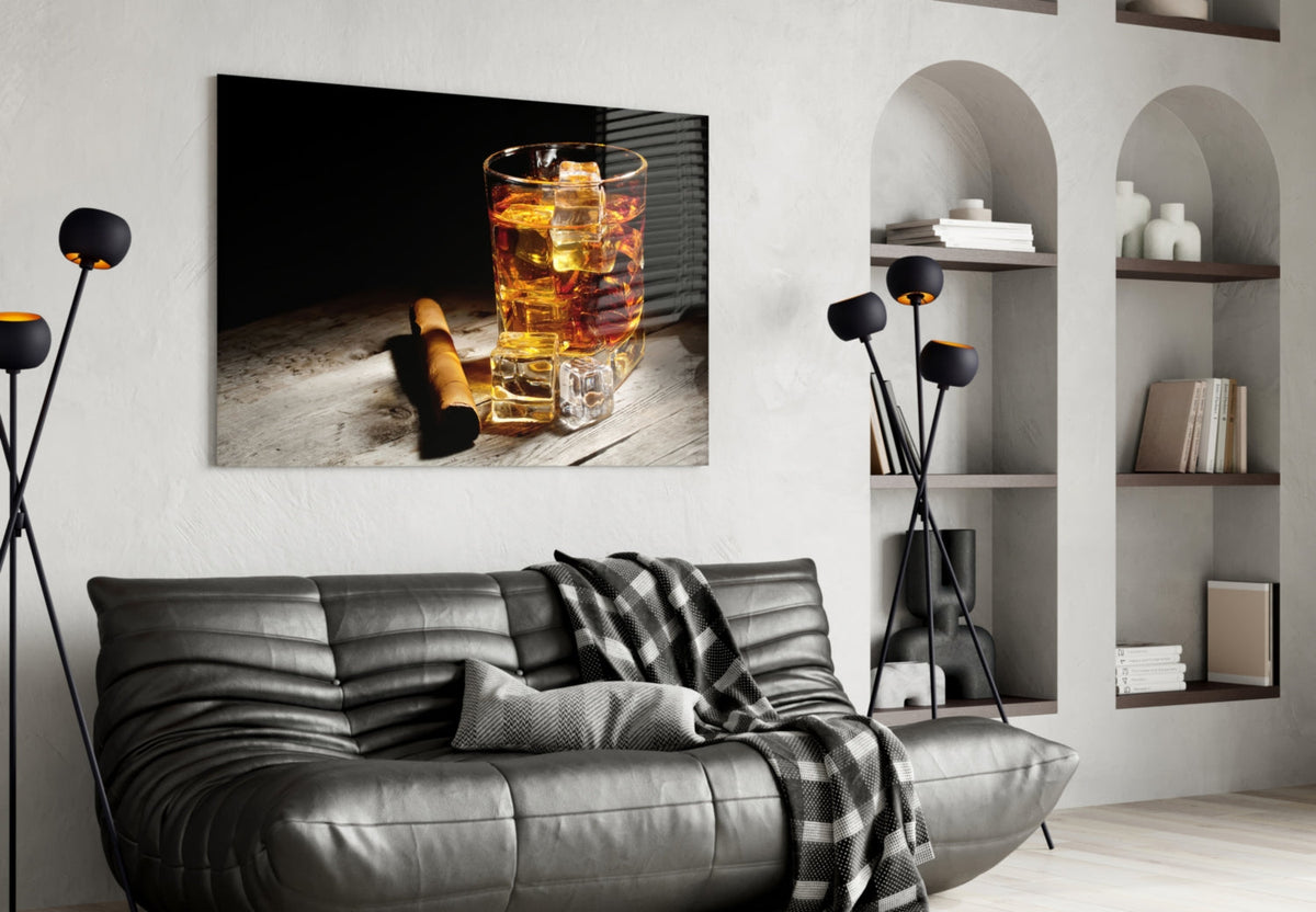 Whiskey Glass with Ice & Cigar Glass Wall Art – Size Options