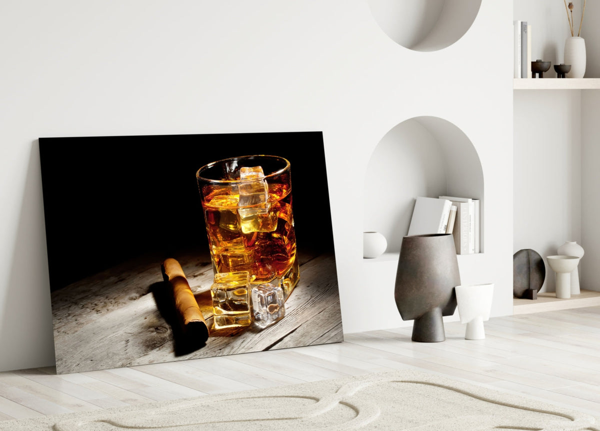 Whiskey Glass with Ice & Cigar Glass Wall Art – Size Options