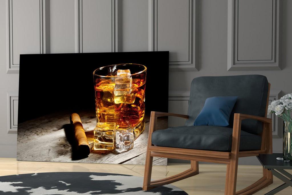 Whiskey Glass with Ice & Cigar Glass Wall Art – Size Options
