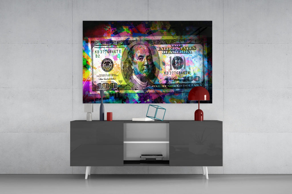100 Dollar Bill Glass Wall Art – Size Options