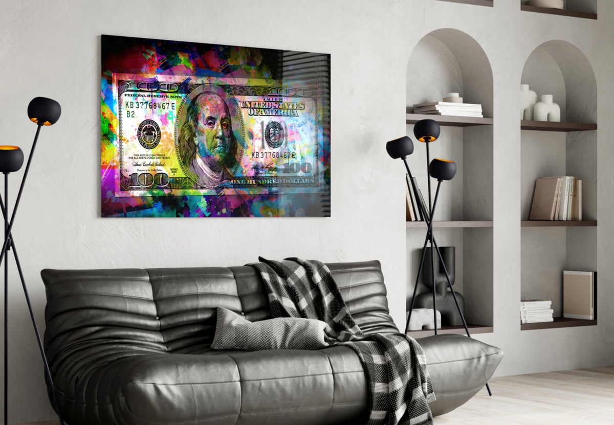 100 Dollar Bill Glass Wall Art – Size Options