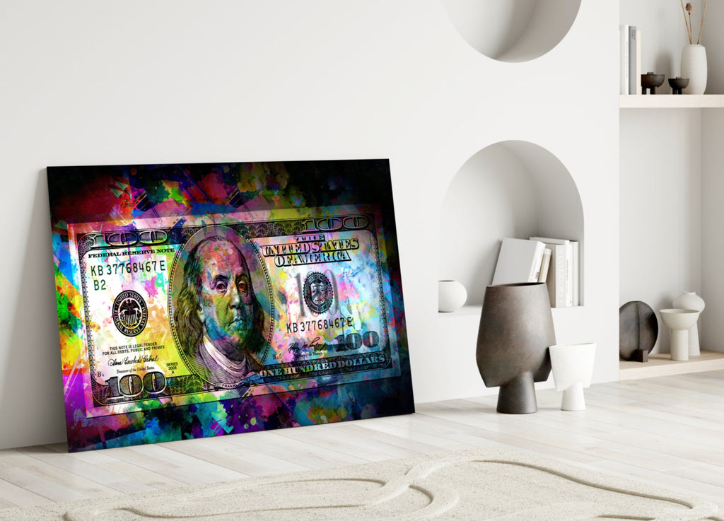 100 Dollar Bill Glass Wall Art – Size Options