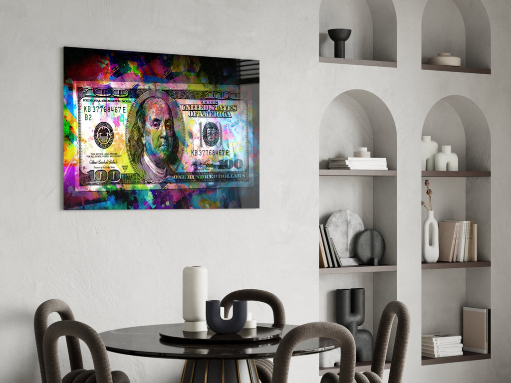 100 Dollar Bill Glass Wall Art – Size Options