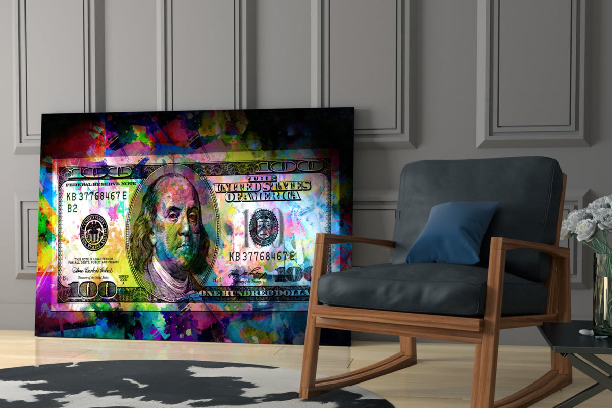 100 Dollar Bill Glass Wall Art – Size Options