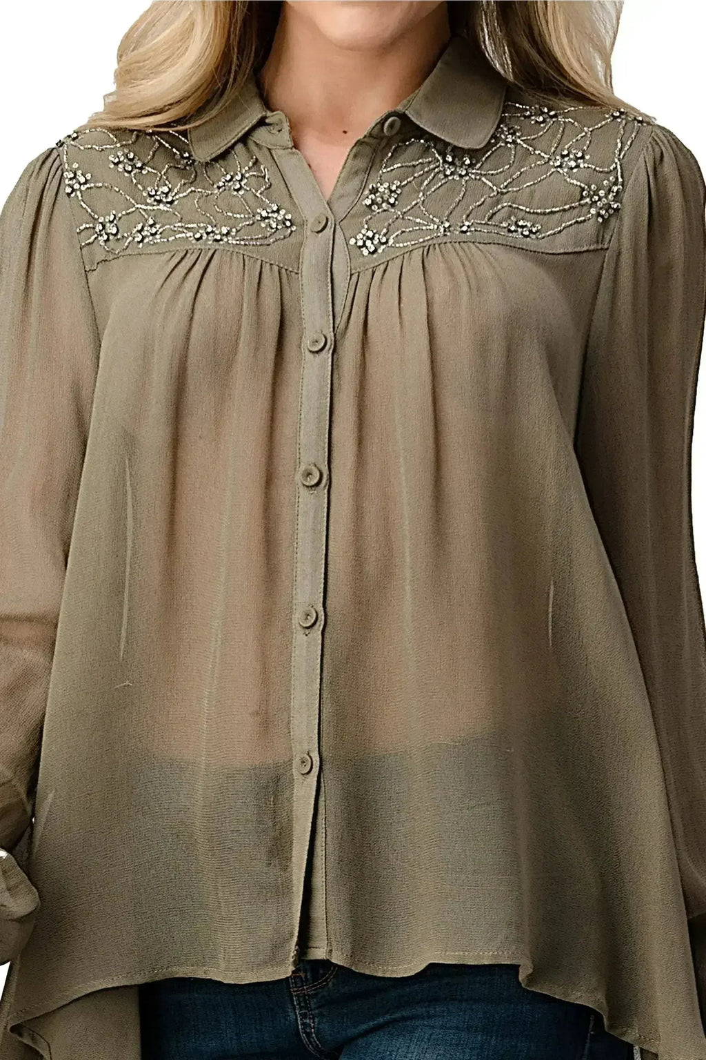 Embroidered Sheer Georgette Blouse with Beaded Trim