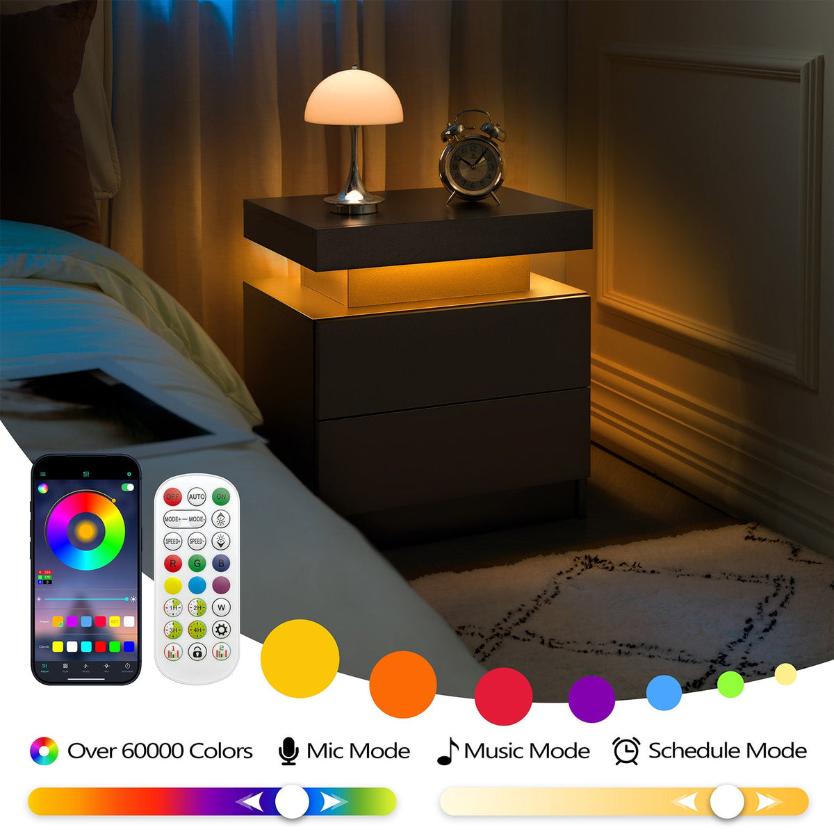 Modern LED Nightstand with 2 Drawers – Black