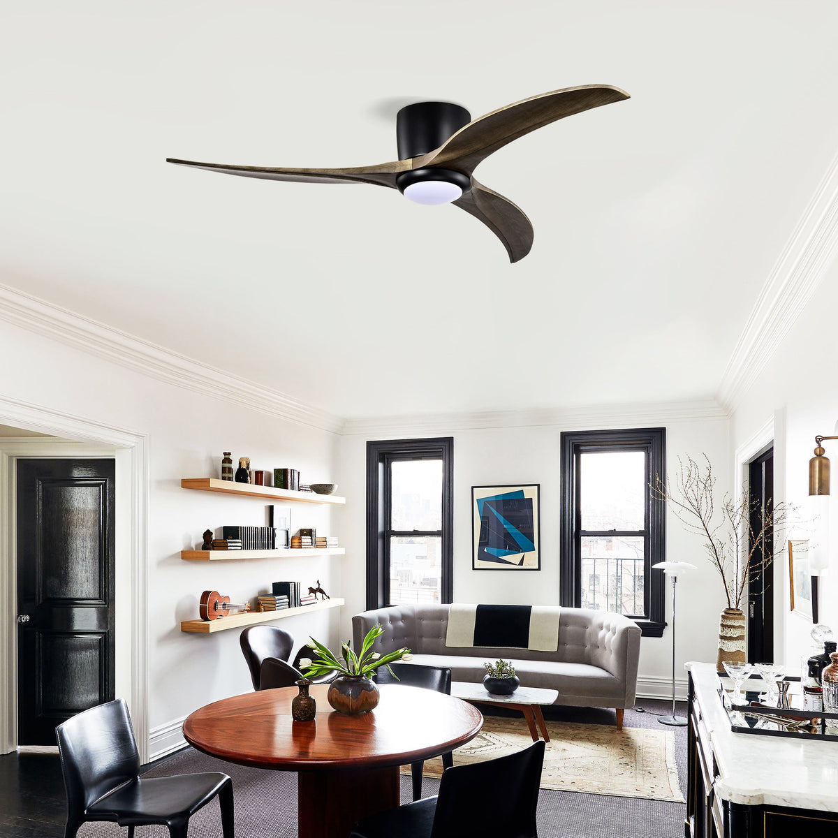 52" Flush-Mount Solid Wood Ceiling Fan with LED Light & Remote
