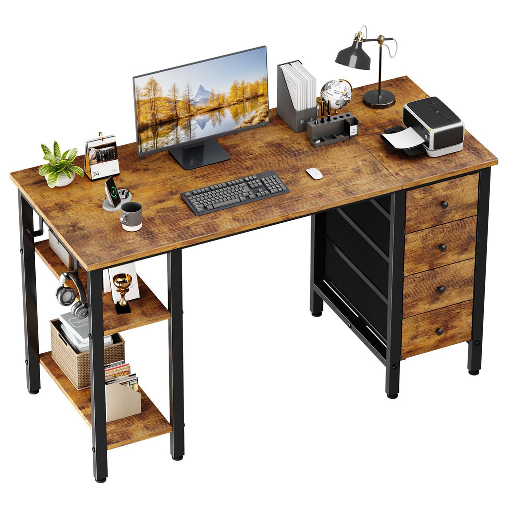 47" Computer Desk with 4 Drawers & Storage Shelves – Lufeiya (Rustic Brown)
