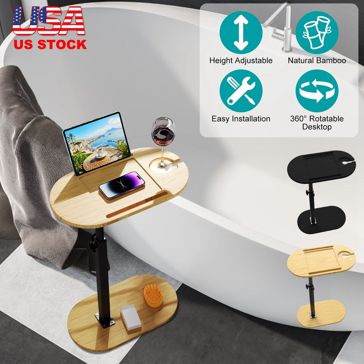 C-Shaped Adjustable Bathtub Tray Table – 360° Rotating