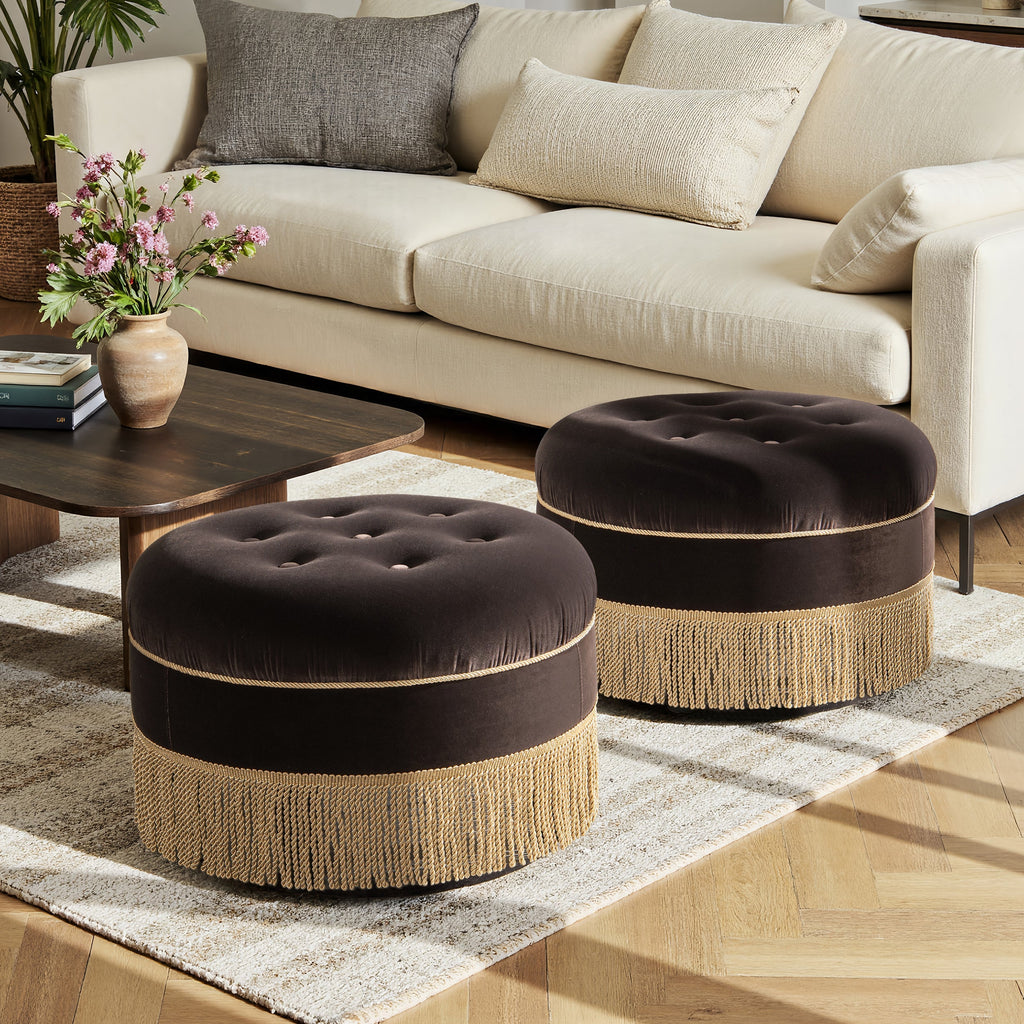 24-Inch Round Upholstered Accent Ottoman – Deep Brown Velvet