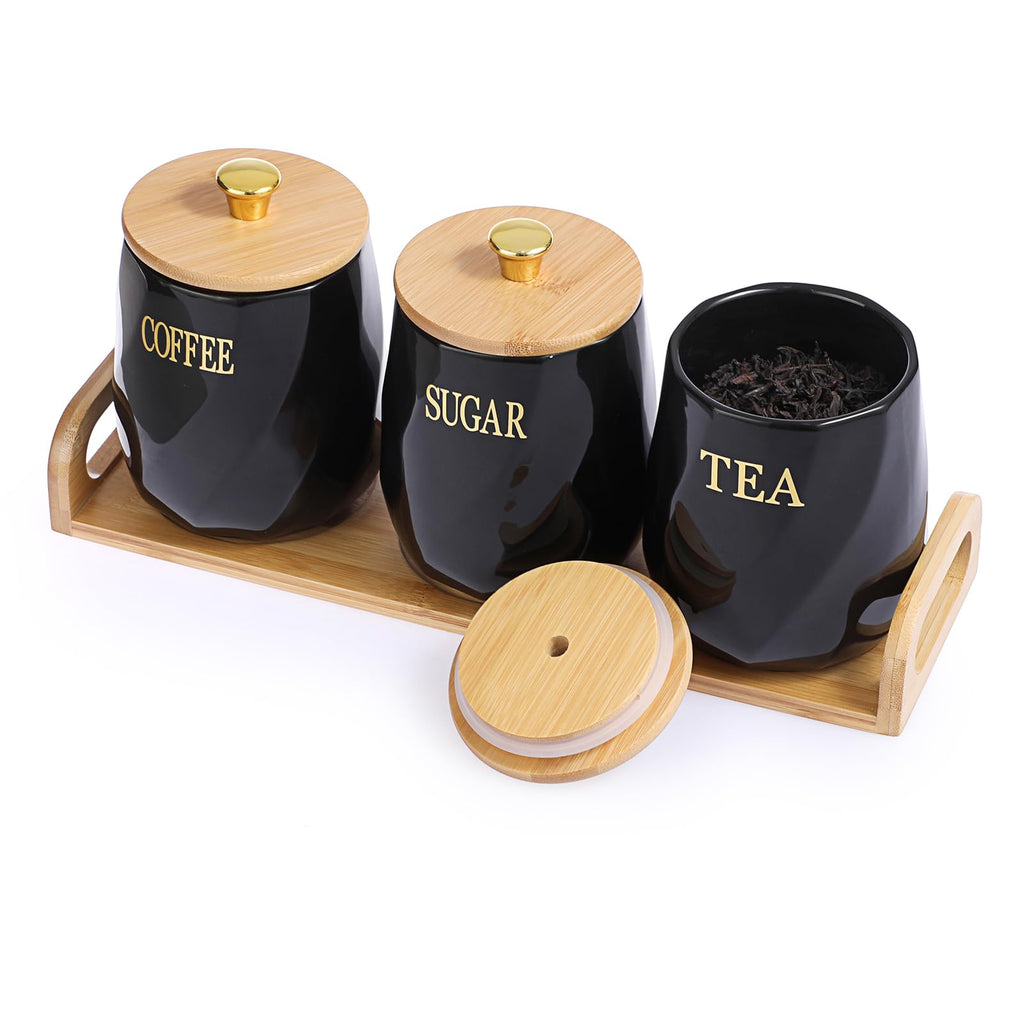 3-Piece Ceramic Kitchen Canister Set with Bamboo Lids & Tray – Oganazi (Black)