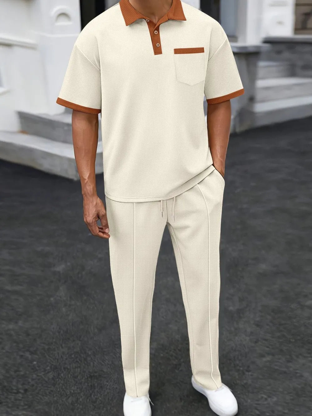 Men’s Waffle-Knit Contrast Polo & Pants Set